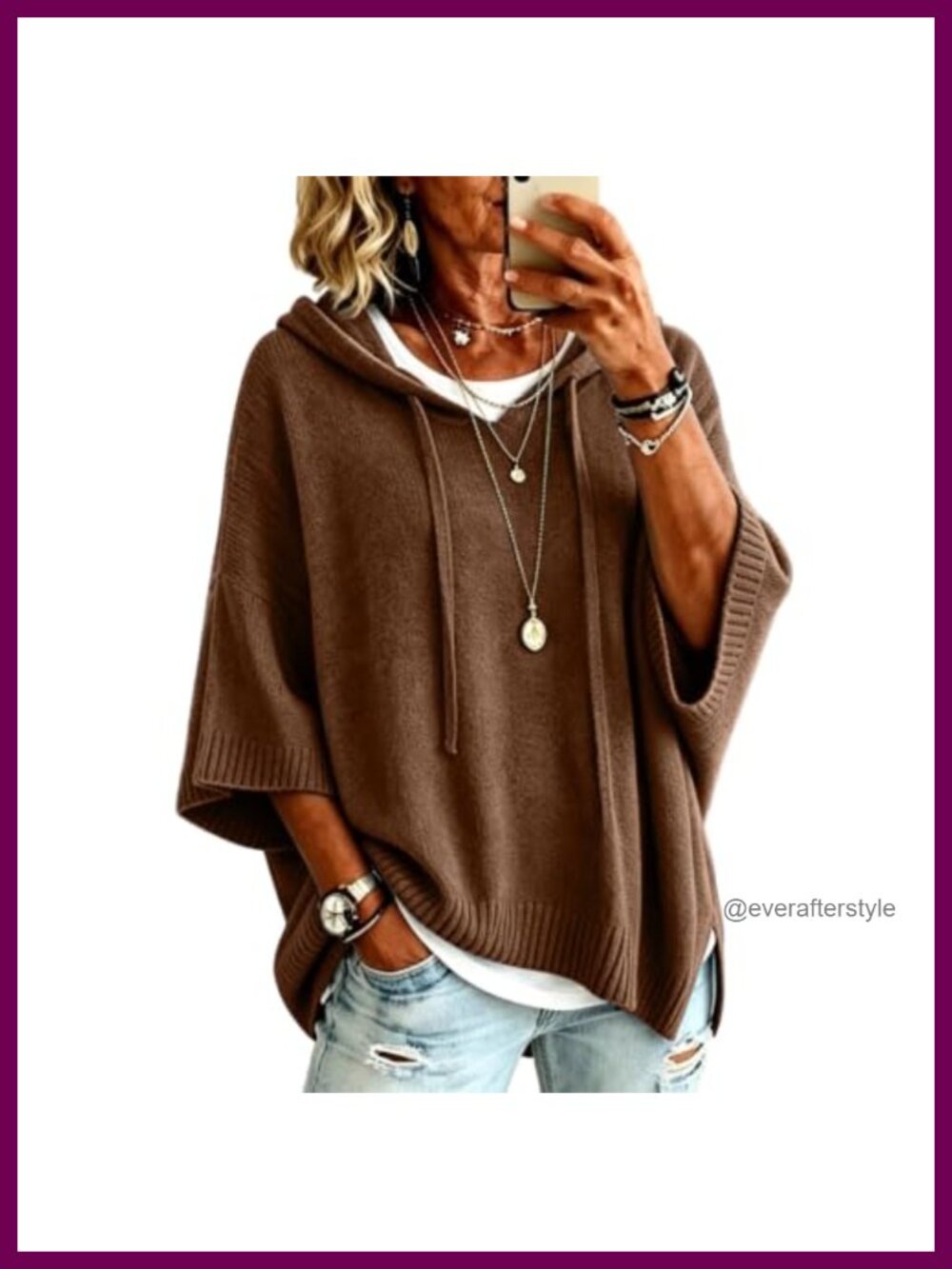 Women's Oversized Hooded Knit Sweater Pullover Batwing 3/4 Sleeve